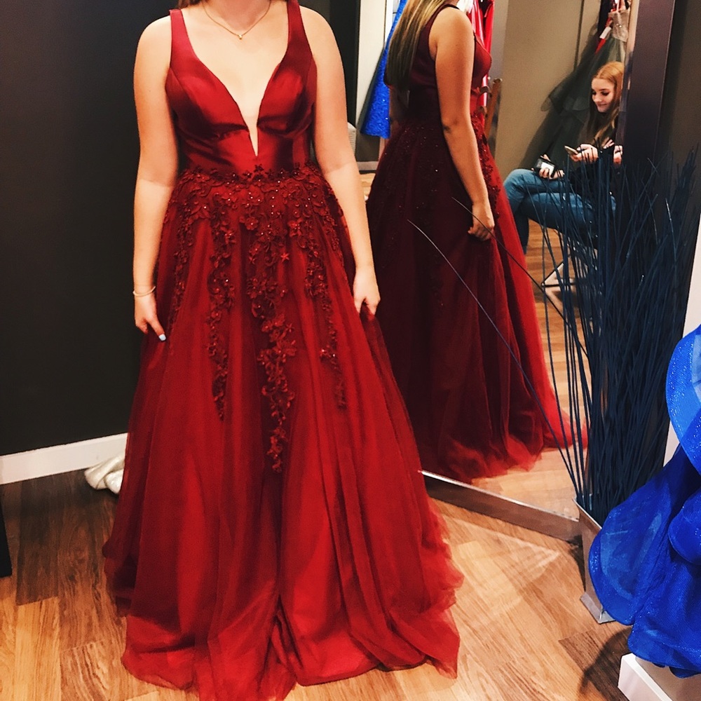 long sequin dresses Dark Red Prom Dress with Side Cut-Out Deep Red / 0 Size:12